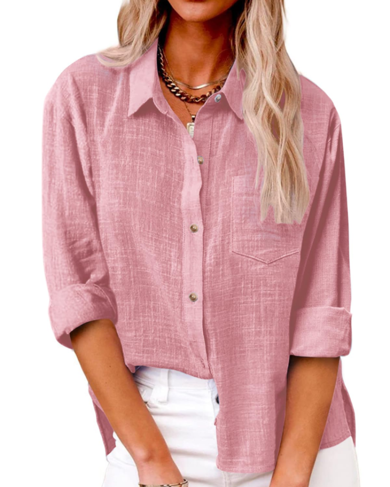 Camisa de mujer Lucienne – 100 % algodón, cuello de pico abotonado, mangas largas y corte holgado
