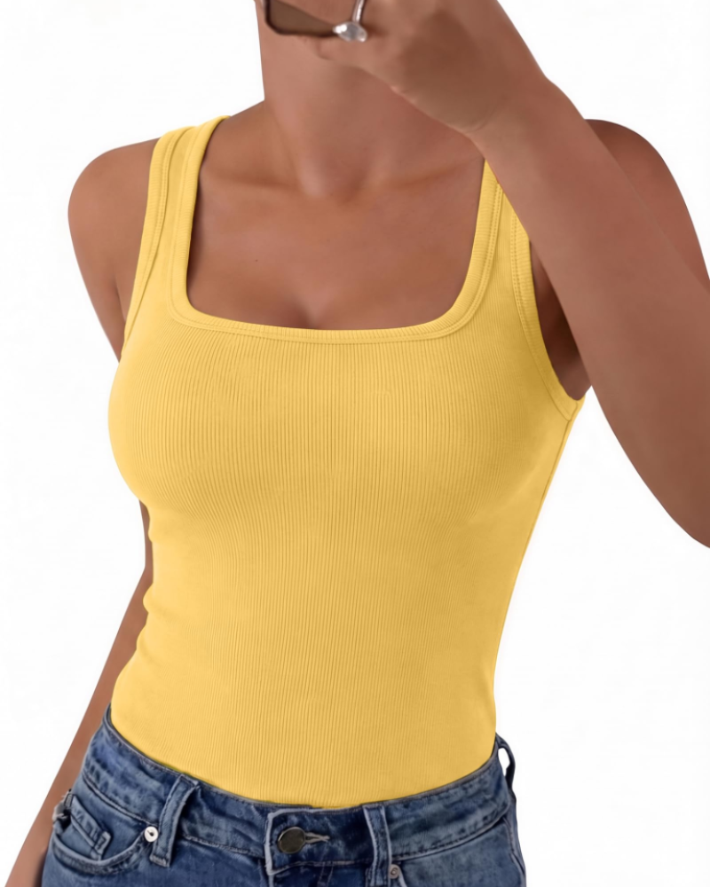 Seraphina Top de mujer de canalé – Cuello cuadrado, sin mangas, viscosa elástica y corte entallado