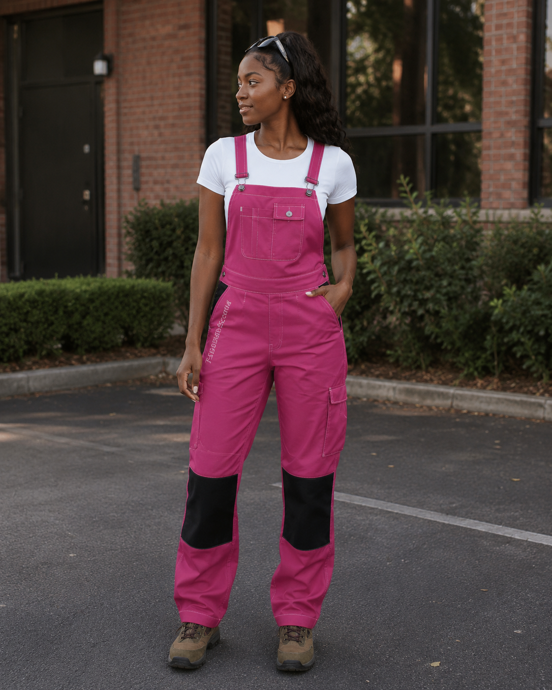 Henrietta Women’s Work Overalls – Pink & Black, Tool Holder, Phone Pocket, Size M
