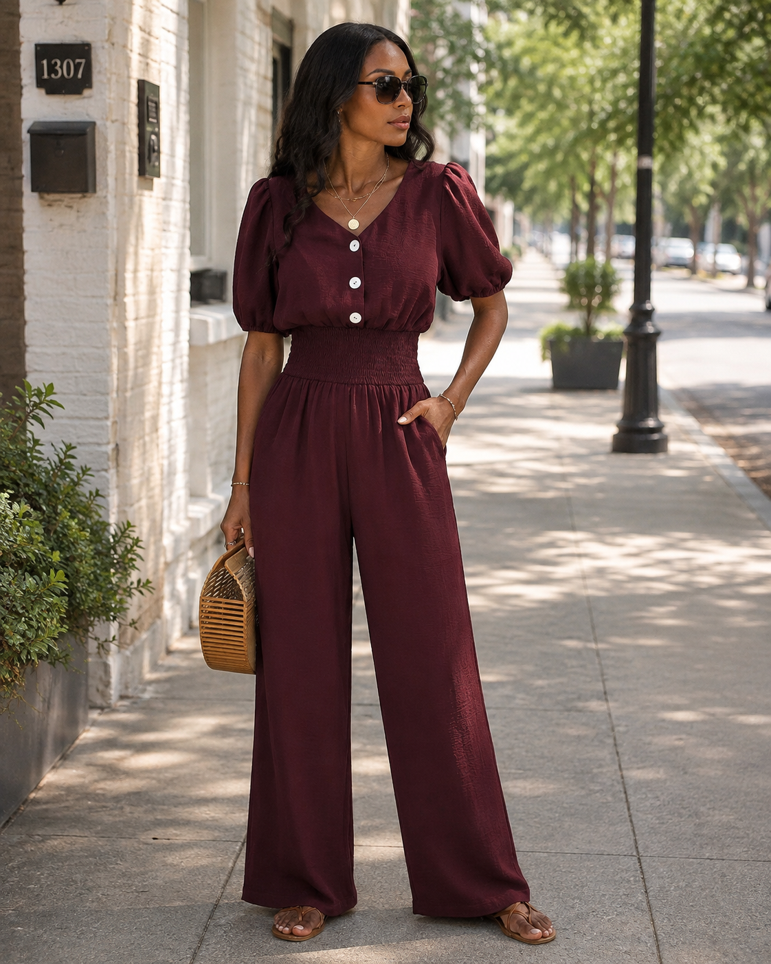 Rosamund-jumpsuit til kvinder – V-hals, korte ærmer, elastisk talje, brede ben og lommer