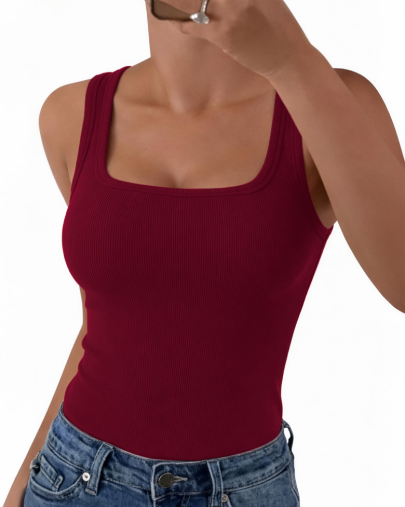 Seraphina Top de mujer de canalé – Cuello cuadrado, sin mangas, viscosa elástica y corte entallado