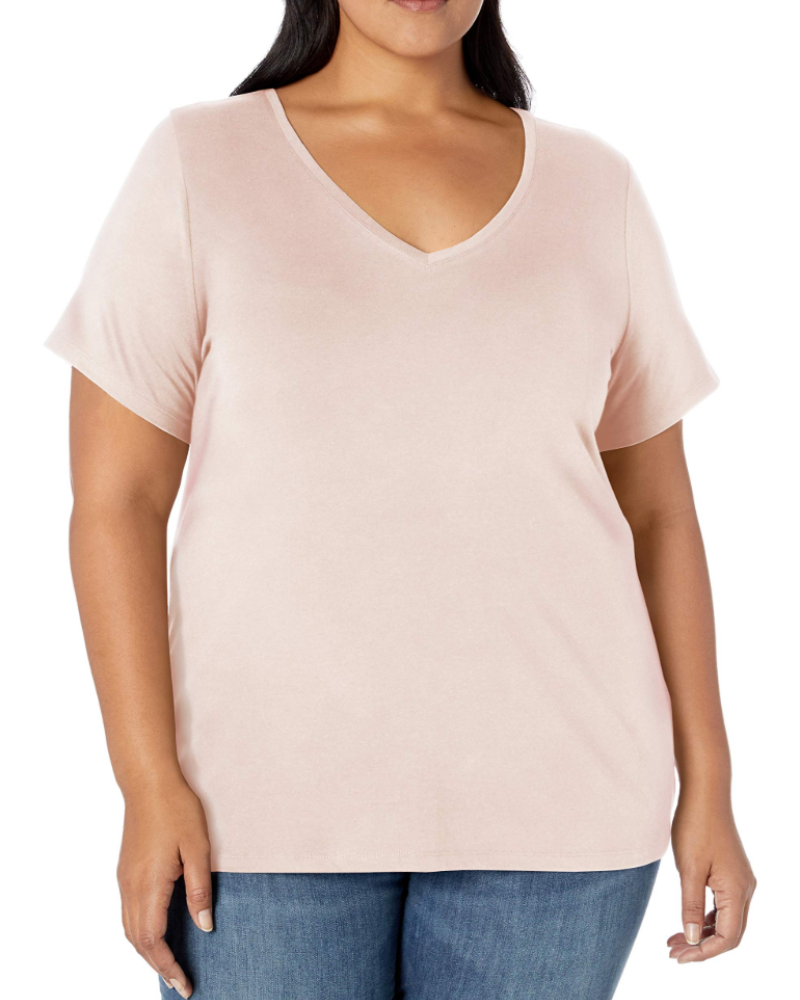 Camiseta Mirabelle para mujer de talla grande – cuello en V, mangas cortas, algodón jersey elástico y corte entallado