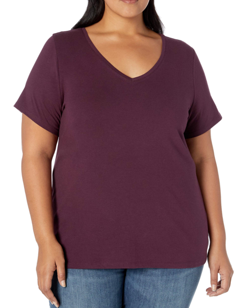 Camiseta Mirabelle para mujer de talla grande – cuello en V, mangas cortas, algodón jersey elástico y corte entallado