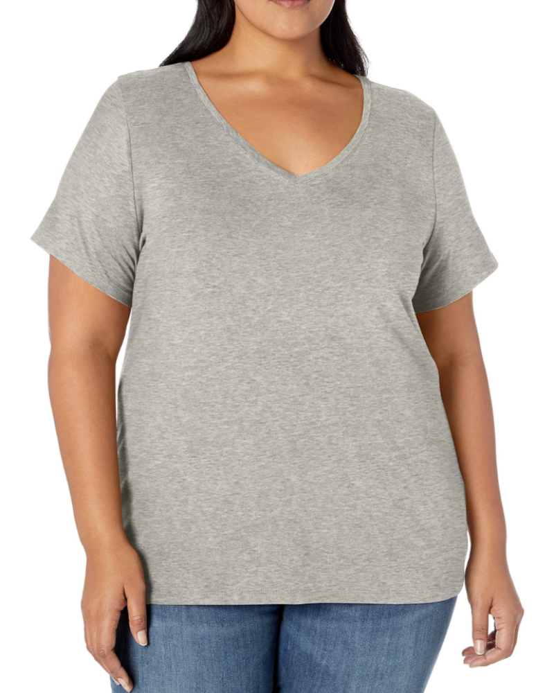 Camiseta Mirabelle para mujer de talla grande – cuello en V, mangas cortas, algodón jersey elástico y corte entallado