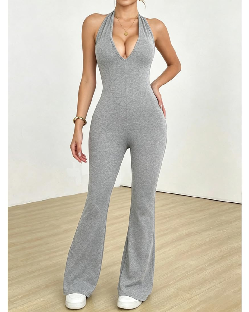 Mono deportivo para mujer Calanthe – Sin costuras, escote en V y espalda descubierta, corte ajustado y pantalón acampanado