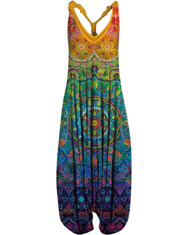 Maristella Mono Largo para Mujer – Estampado Bohemio, Sin Mangas, Corte Holgado y Bolsillos