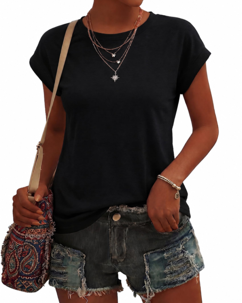 Camiseta de mujer Evangeline – Cuello redondo, mangas cortas, tejido ligero elástico y corte fluido
