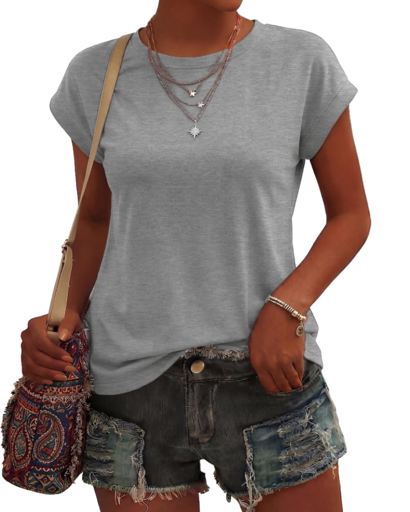 Camiseta de mujer Evangeline – Cuello redondo, mangas cortas, tejido ligero elástico y corte fluido
