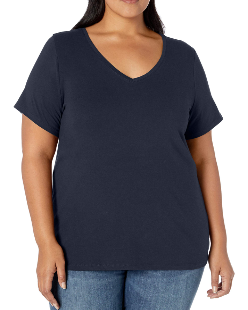 Camiseta Mirabelle para mujer de talla grande – cuello en V, mangas cortas, algodón jersey elástico y corte entallado