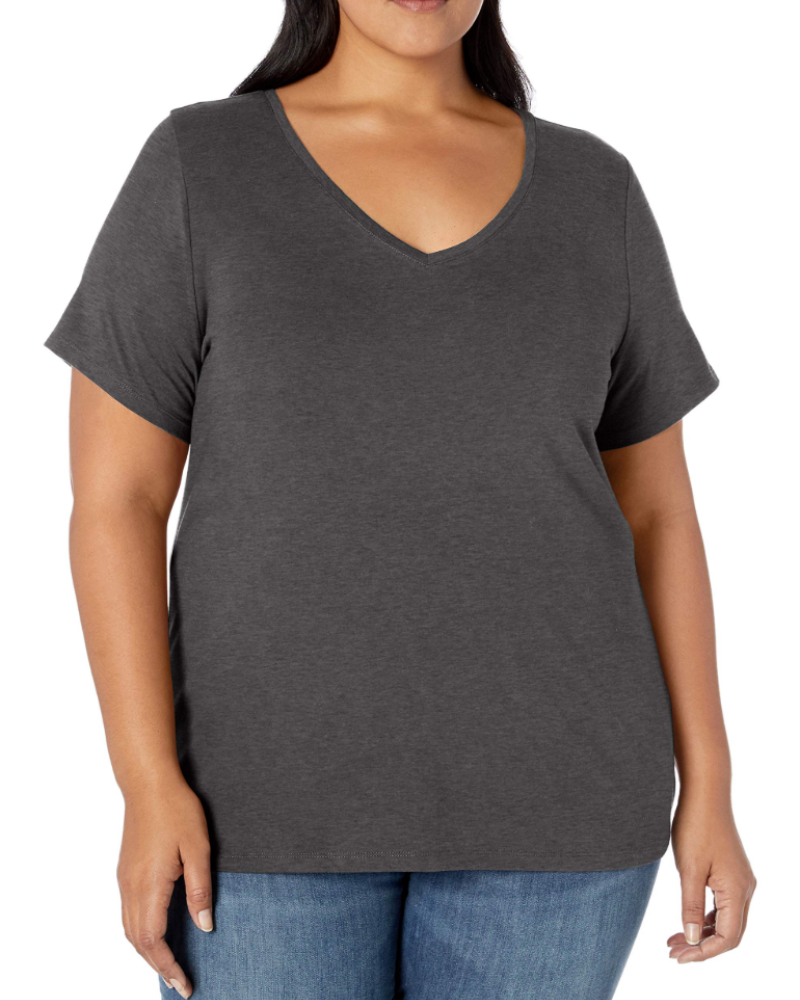 Camiseta Mirabelle para mujer de talla grande – cuello en V, mangas cortas, algodón jersey elástico y corte entallado
