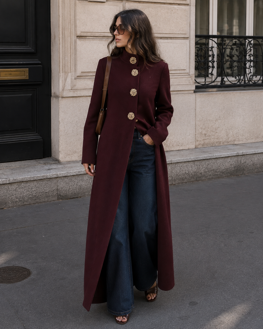 Rosamund Gilet Long Femme – Boutons Dorés, Maille Douce & Coupe Élégante