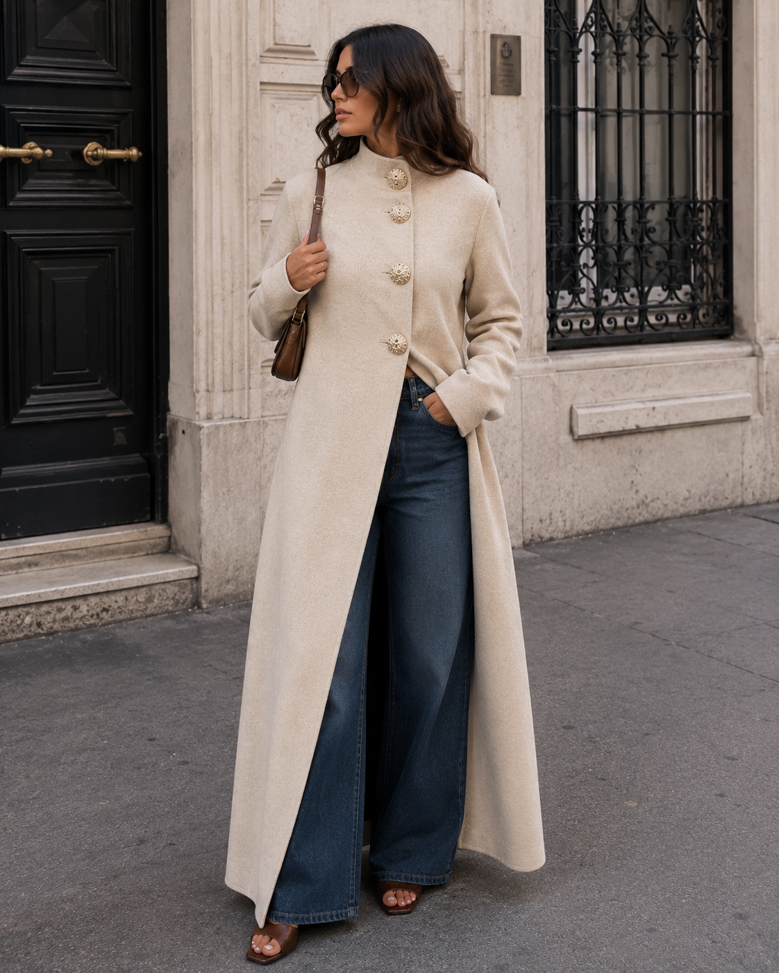 Rosamund Gilet Long Femme – Boutons Dorés, Maille Douce & Coupe Élégante