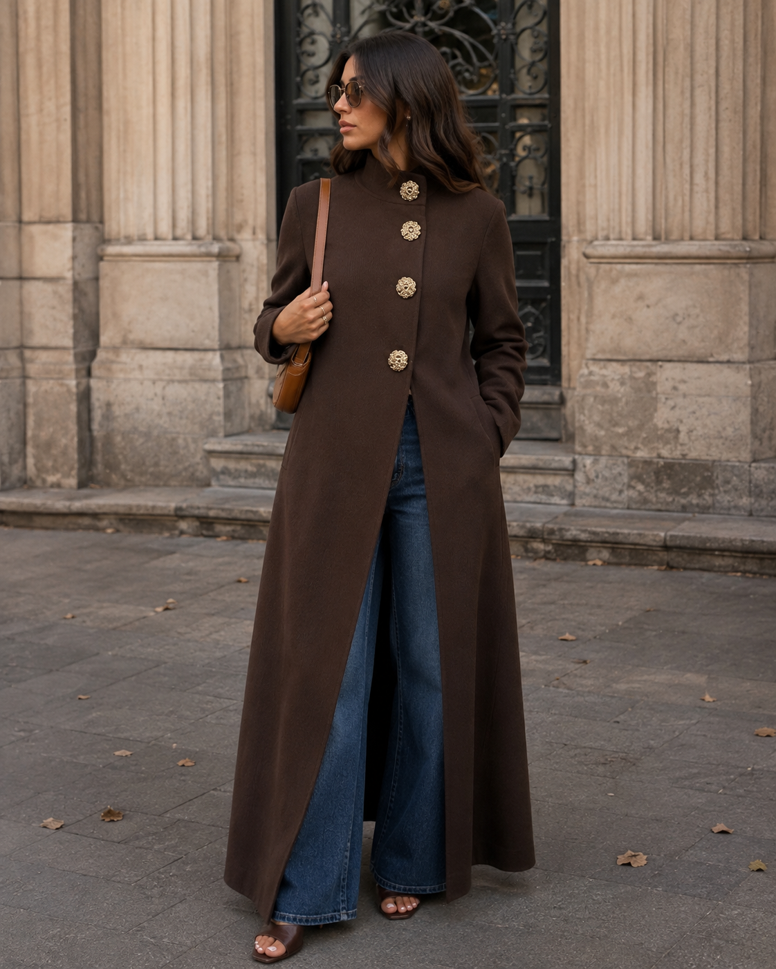Rosamund Gilet Long Femme – Boutons Dorés, Maille Douce & Coupe Élégante
