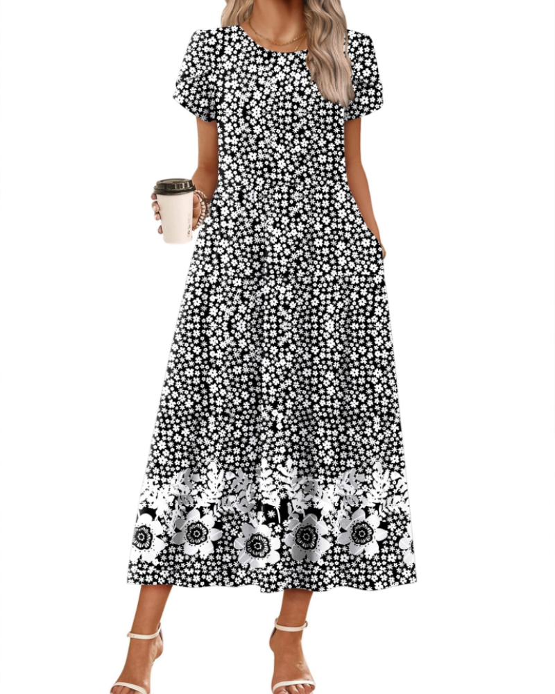 Nélyane Robe Maxi Femme – Robe Fluide Trapèze à Taille Haute avec Poches