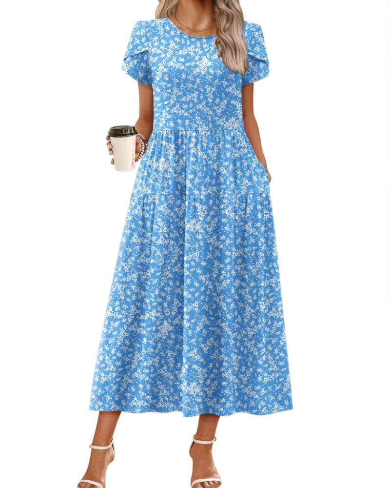 Nélyane Robe Maxi Femme – Robe Fluide Trapèze à Taille Haute avec Poches