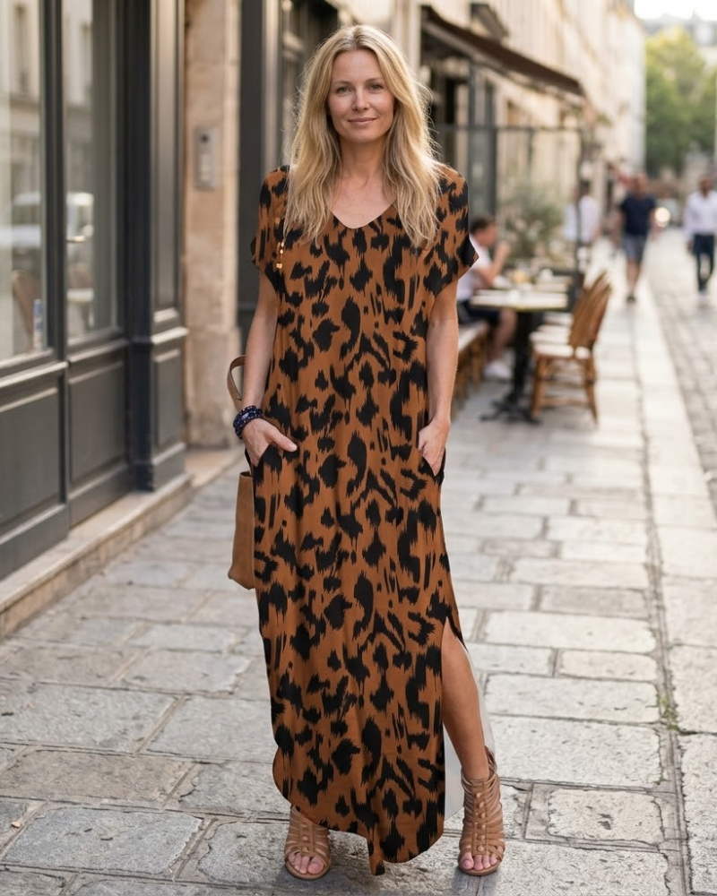 Julie Maxi Kjole til Kvinder – Lang Kjole med V-udskæring og Slids, Casual, Sommer, Let og Elegant