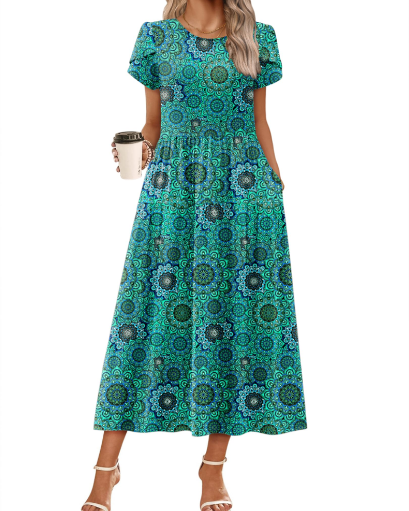 Nélyane Robe Maxi Femme – Robe Fluide Trapèze à Taille Haute avec Poches