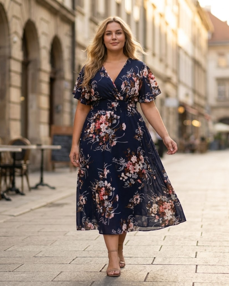 Rochie damă Élise – Rochie midi cu flori, de vară, elegantă, cu decolteu în V, croială în A, din in și bumbac fluid