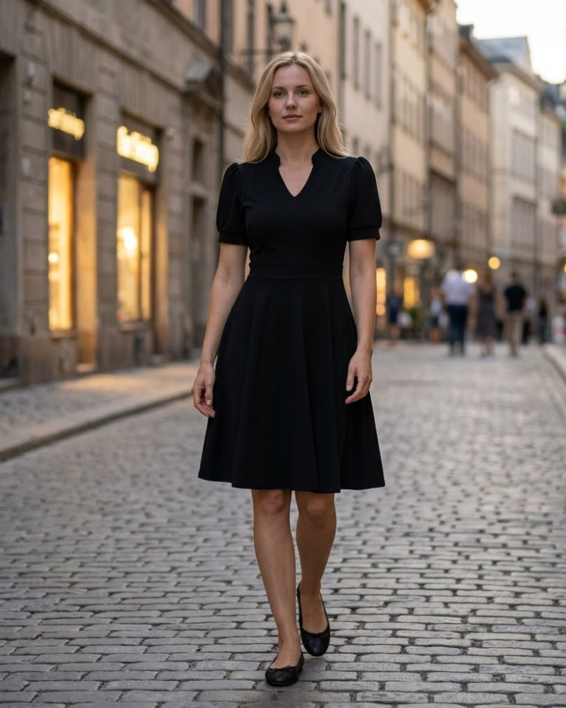 Rochie Sophie pentru femei – Rochie evazată cu decolteu în V, mâneci bufante și buzunare, elegantă