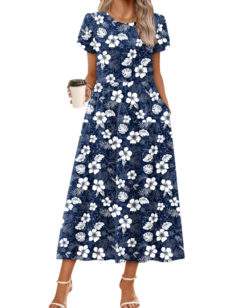 Nélyane Robe Maxi Femme – Robe Fluide Trapèze à Taille Haute avec Poches