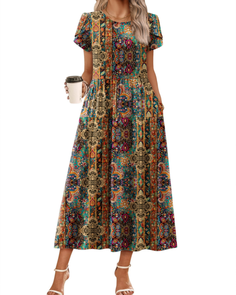 Nélyane Robe Maxi Femme – Robe Fluide Trapèze à Taille Haute avec Poches