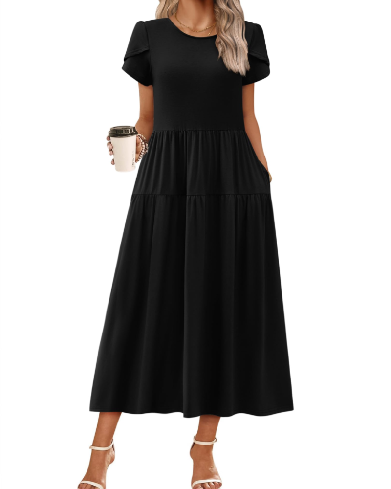 Nélyane Robe Maxi Femme – Robe Fluide Trapèze à Taille Haute avec Poches