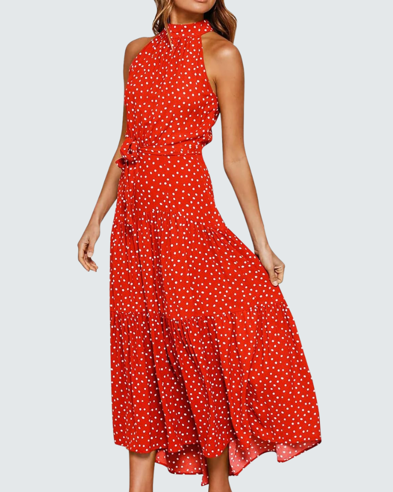 Fina Robe Femme Maxi Bohème – Imprimé Pois, Épaules Dénudées, Coupe Fluide Été