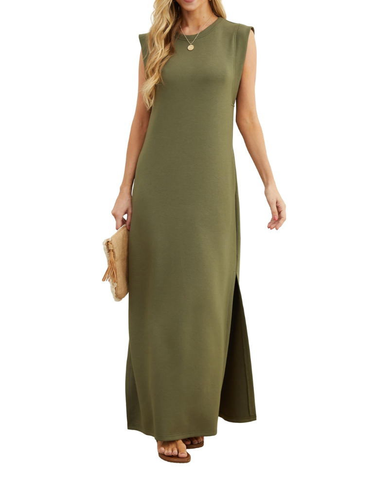 Vestito lungo estivo da donna Erin – senza maniche, collo tondo, spacco e tasche