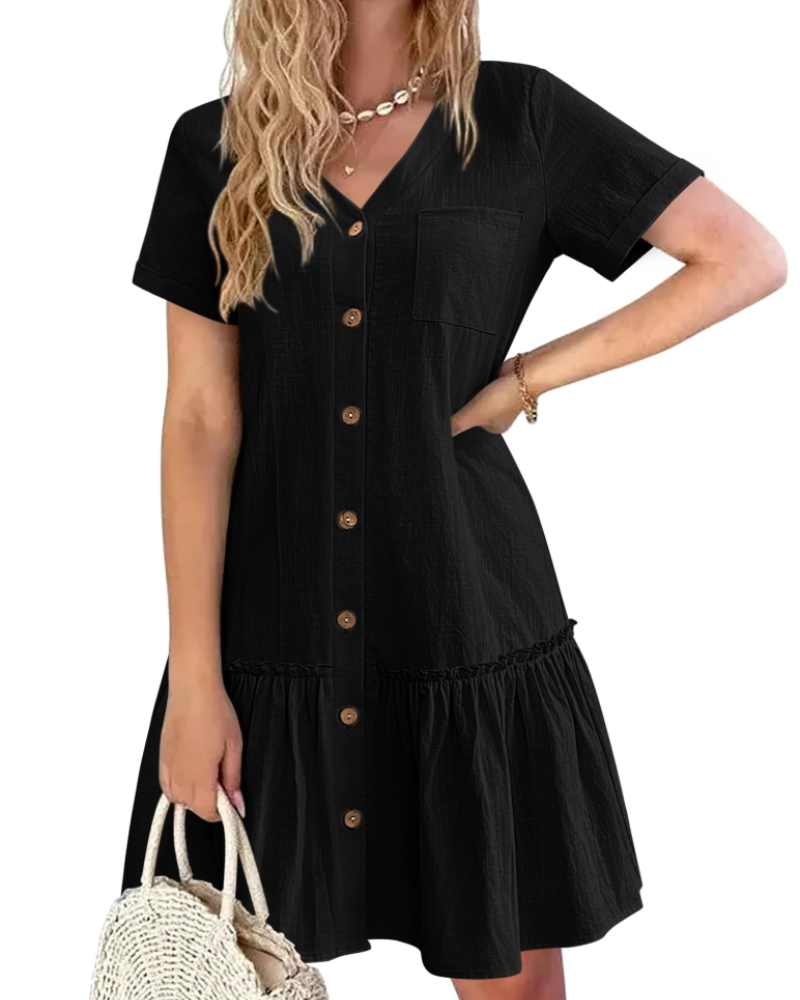 Marlowe Women’s Summer Dress – Linen Cotton Dress with V-Neck, Button Front, A-Line Cut, and Pocket