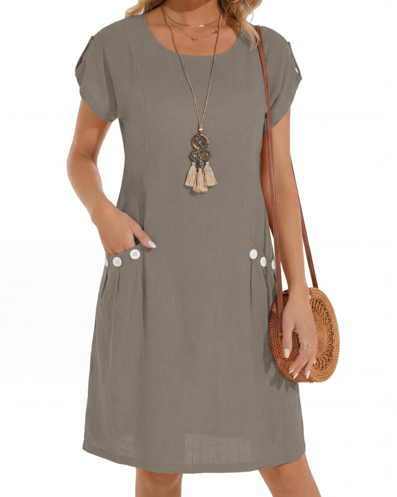 Rochie Joyce Robe Lin Femme – Rochie Midi A-Line cu Guler Rotund și Buzunare, Vară, Casual