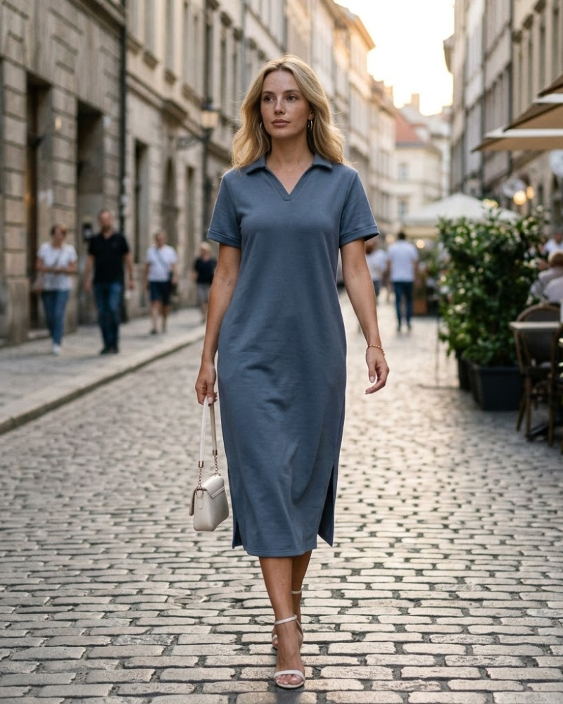 Claire női maxi pólóruha – elegáns, ráncmentes ruha zsebekkel, kényelmes nyári viselet