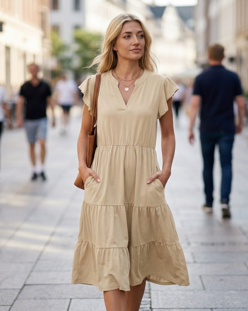 Rochie midi Mila pentru femei – rochie cu decolteu în V, volane, fără mâneci, cu buzunare, pentru vară