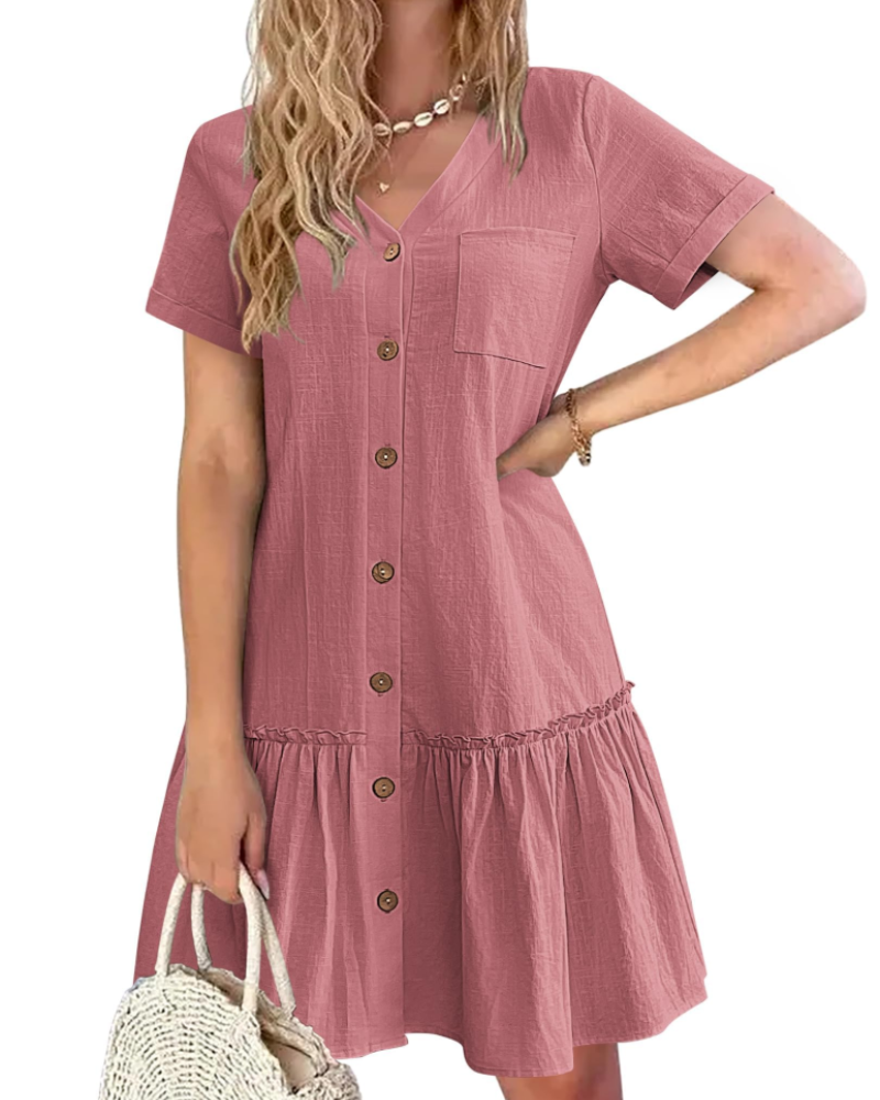 Marlowe Women’s Summer Dress – Linen Cotton Dress with V-Neck, Button Front, A-Line Cut, and Pocket