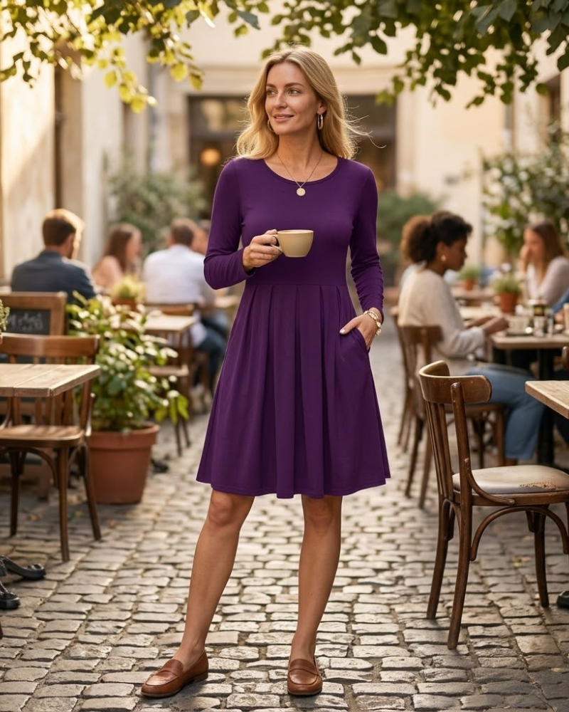 Sophie dámske šaty – šaty s dlhými rukávmi, áčkový strih s vreckami, ležérne elegantné