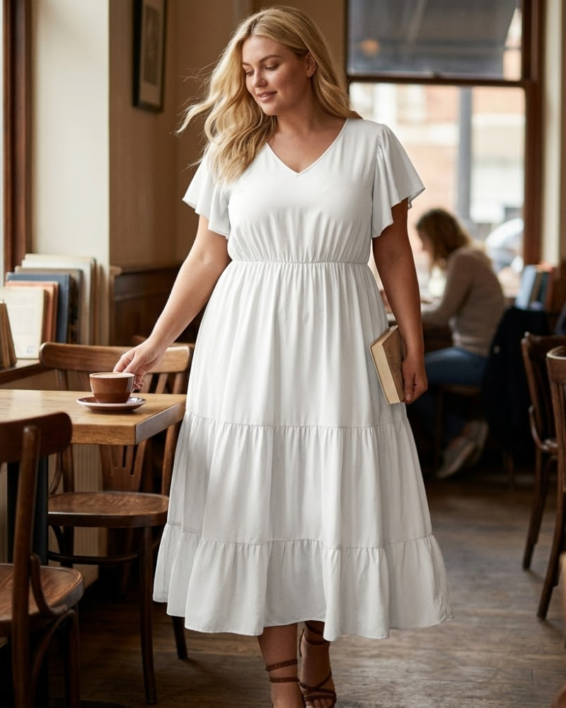 Vestido Manon Mulher – Vestido Boémio Decote em V Mangas Curtas Corte A Fluido Verão Tamanho Grande