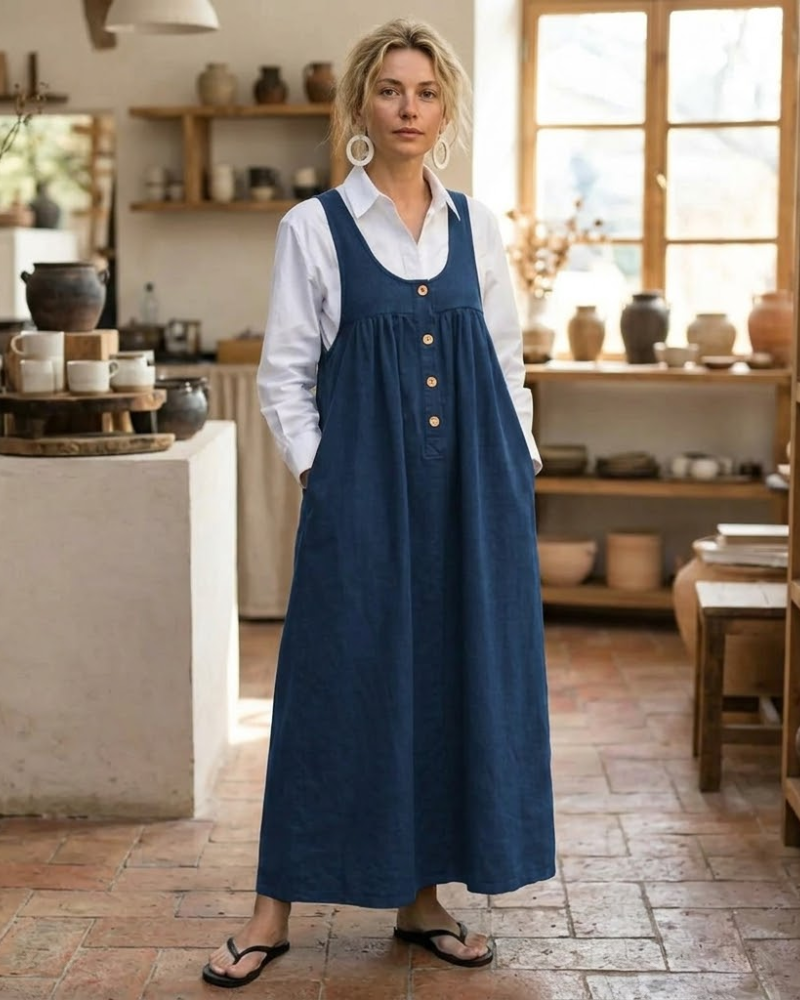 Clémence sukienka ogrodniczka długa z denimu – sukienka na szelkach vintage z regulowanymi ramiączkami