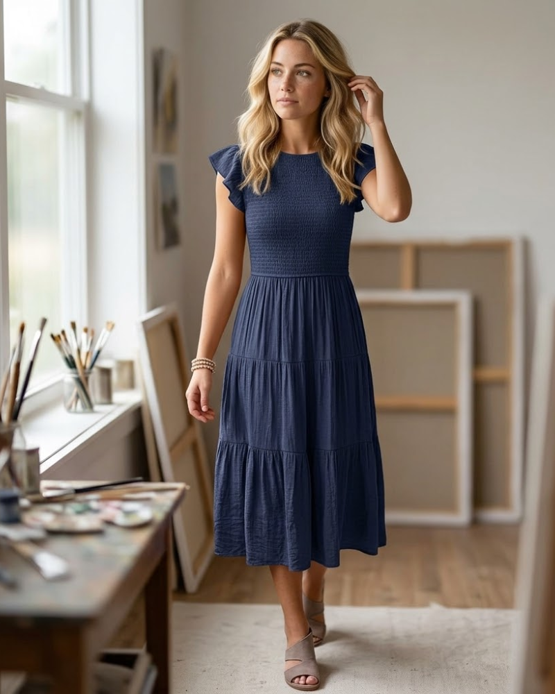 Louise-mekko midi naisille – kesämekko smokkauksella, liehuvilla hihoilla, tyylikäs A-linjainen leikkaus