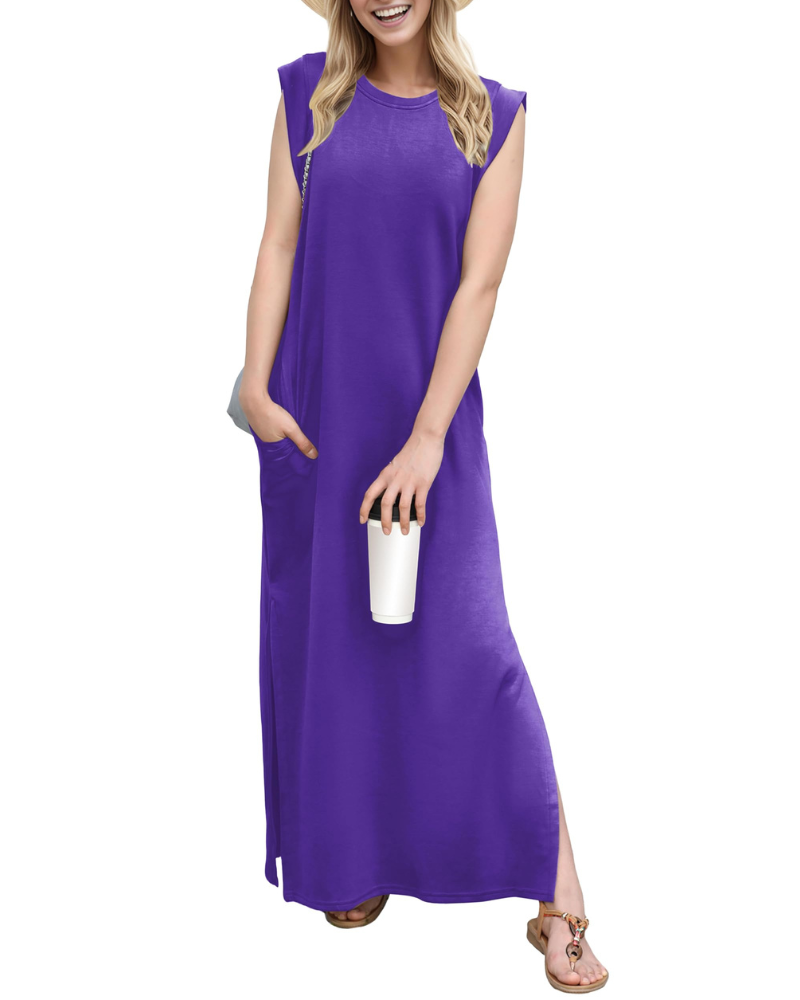 Vestito lungo estivo da donna Erin – senza maniche, collo tondo, spacco e tasche