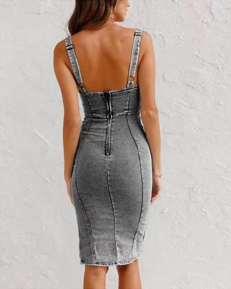 Vestido Midi Justo Maisie para Mulher em Ganga – Alças Ajustáveis e Fenda