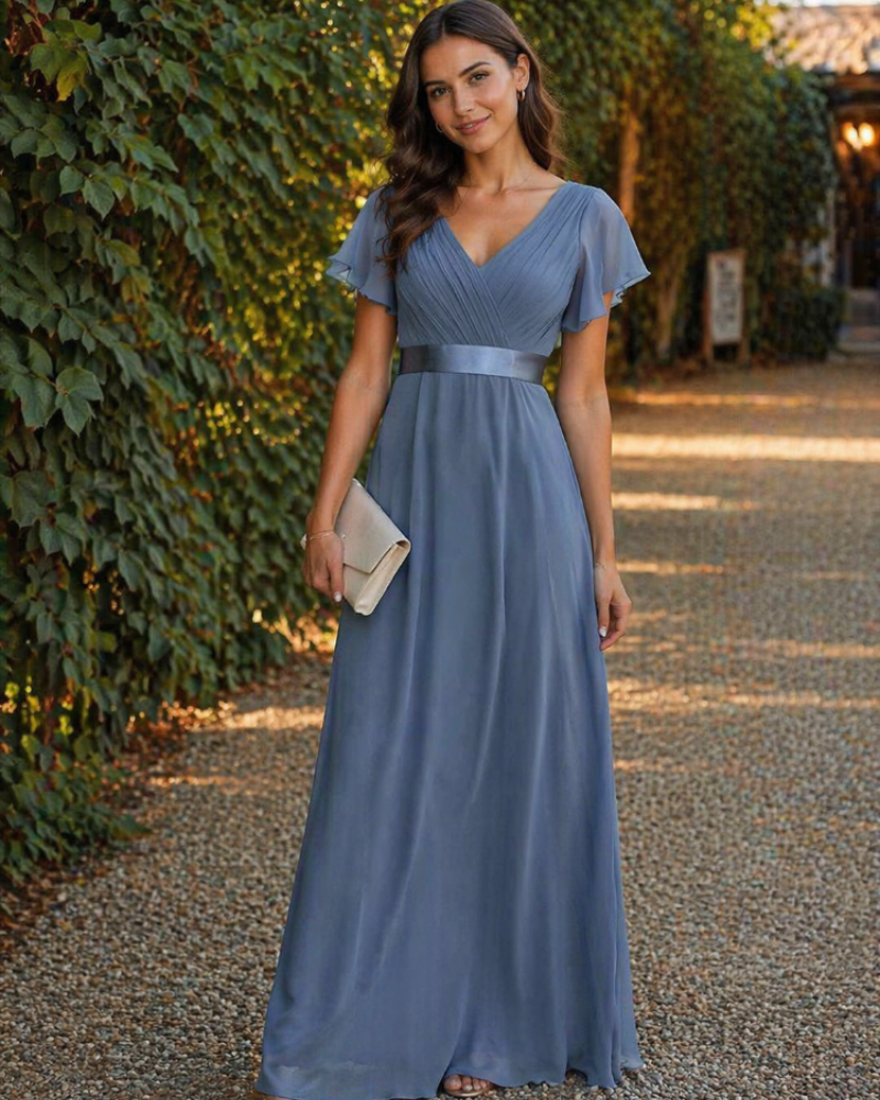 Rochie lungă Skye pentru femei – mătase fină, decolteu în V și talie empire, elegantă pentru seară