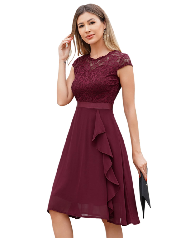 Rochie cocktail Roxy pentru femei – Rochie midi elegantă din dantelă și chiffon cu volane