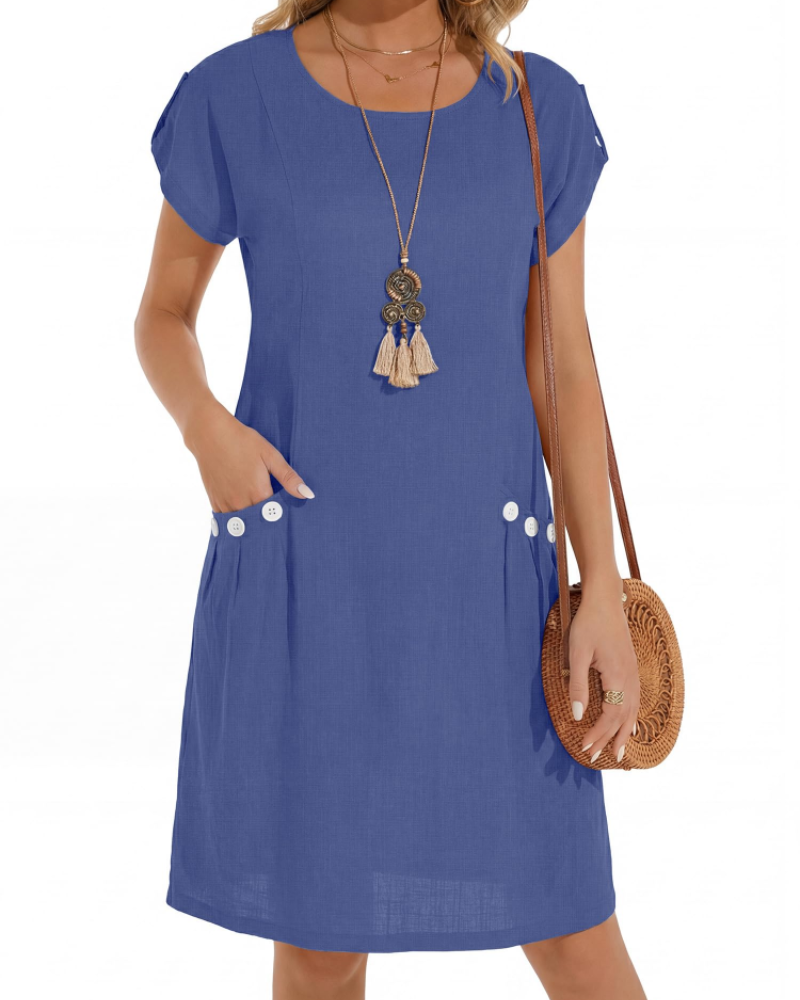 Rochie Joyce Robe Lin Femme – Rochie Midi A-Line cu Guler Rotund și Buzunare, Vară, Casual