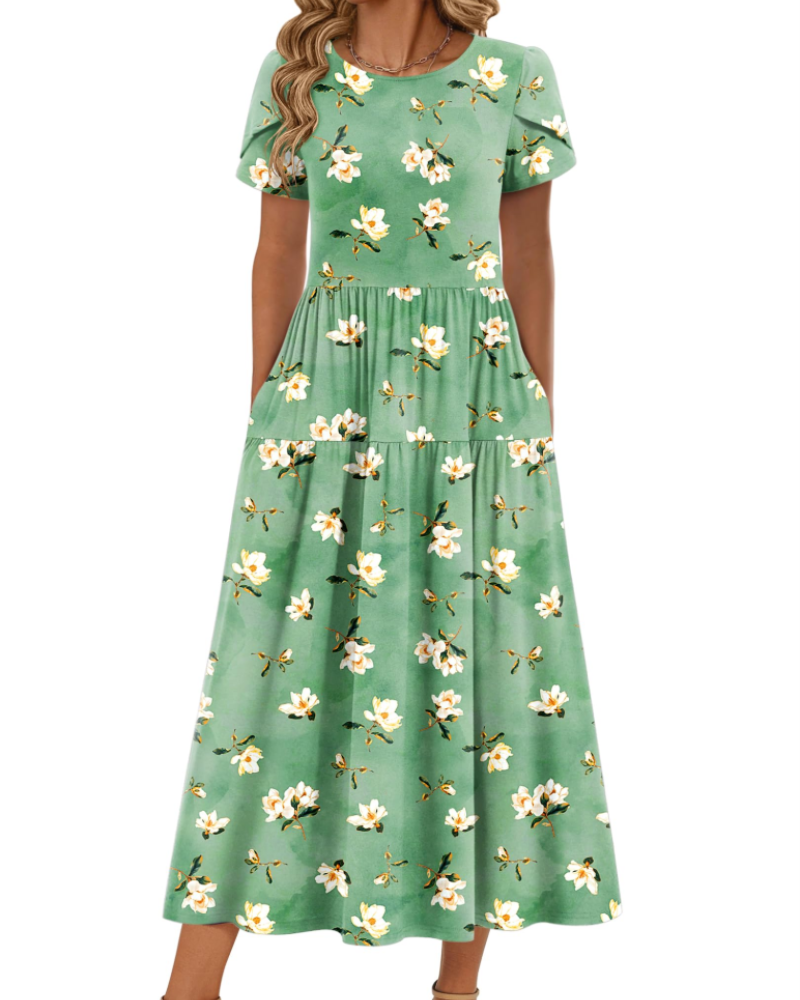 Nélyane Robe Maxi Femme – Robe Fluide Trapèze à Taille Haute avec Poches