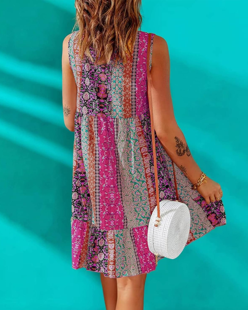 Rochie de damă Luna Mini cu flori – decolteu în V, fără mâneci, croială evazată boemă de vară