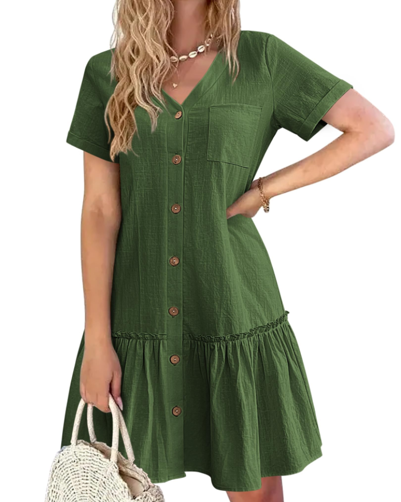 Marlowe Women’s Summer Dress – Linen Cotton Dress with V-Neck, Button Front, A-Line Cut, and Pocket