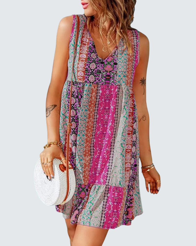 Rochie de damă Luna Mini cu flori – decolteu în V, fără mâneci, croială evazată boemă de vară
