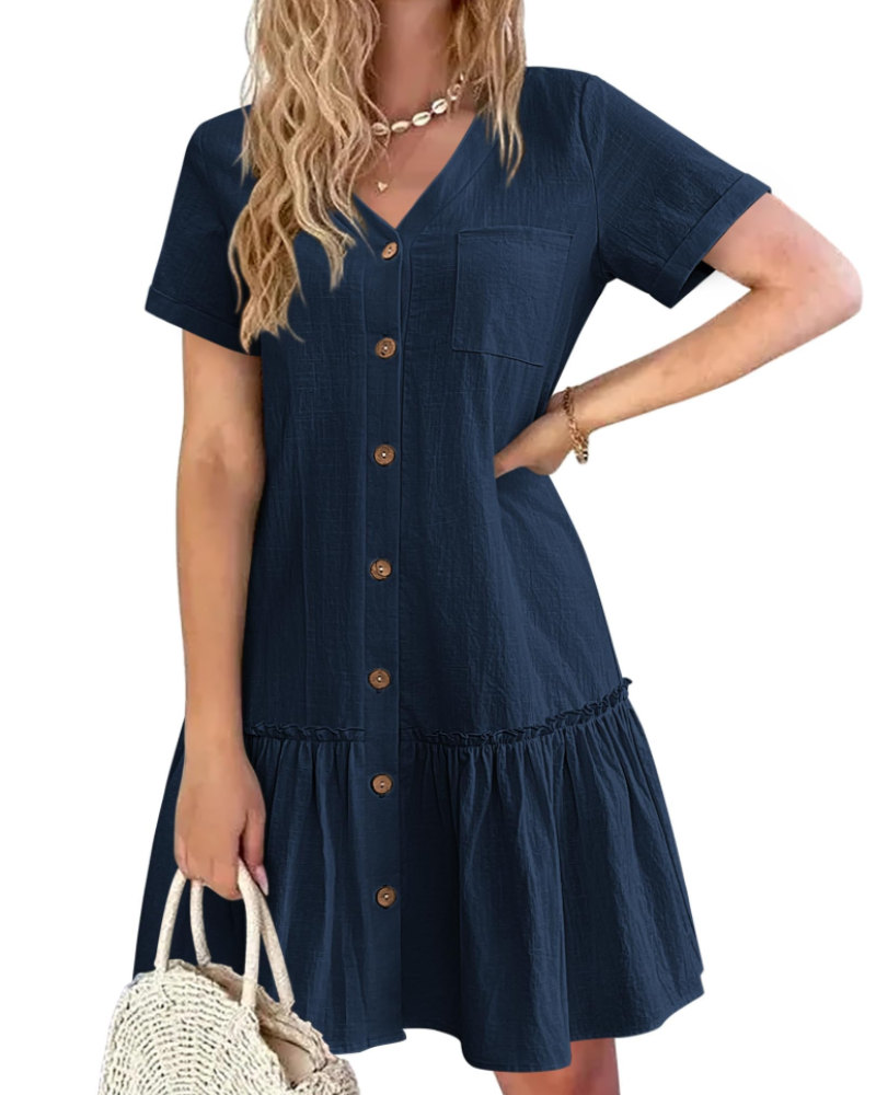 Marlowe Women’s Summer Dress – Linen Cotton Dress with V-Neck, Button Front, A-Line Cut, and Pocket
