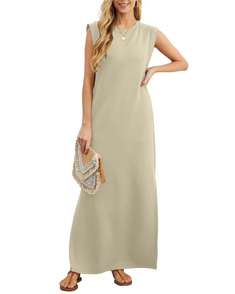 Vestito lungo estivo da donna Erin – senza maniche, collo tondo, spacco e tasche