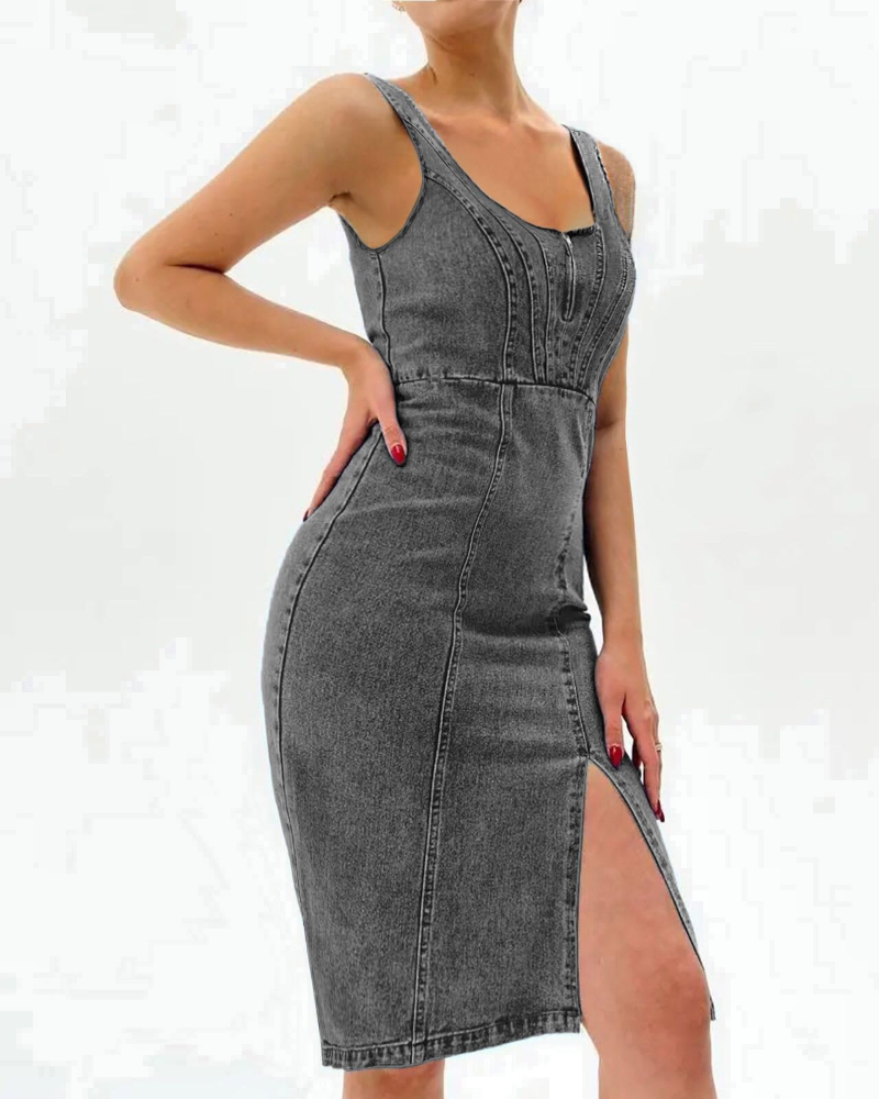 Vestido Midi Justo Maisie para Mulher em Ganga – Alças Ajustáveis e Fenda