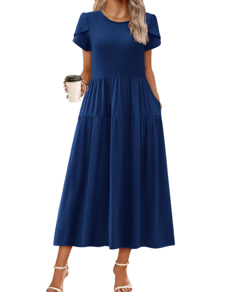 Nélyane Robe Maxi Femme – Robe Fluide Trapèze à Taille Haute avec Poches